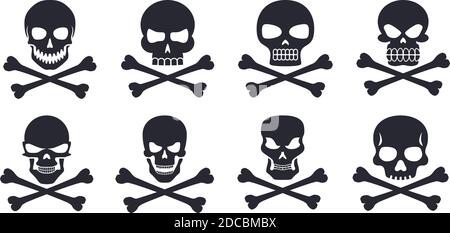 Different human skull icons with crossbones poison and jolly roger symbols vector illustration Stock Vektor