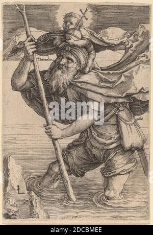 Lucas van Leyden, (Künstler), Niederlandisch, 1489/1494 - 1533, St. Christopher trägt das Kindlein Christus, c. 1521, Gravur Stockfoto