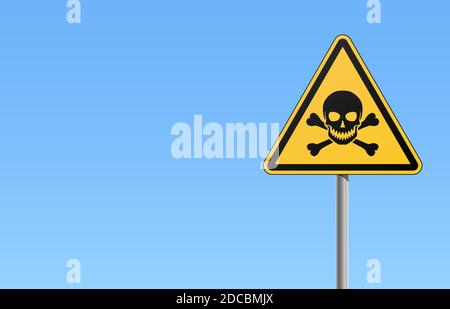 Gelbes Warnschild mit Totenkopf und Kreuzknochen Und blau Himmel Hintergrund Vektor-Illustration Stock Vektor