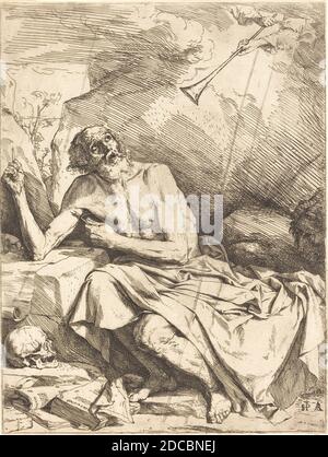 Jusepe de Ribera, (Künstler), Spanisch, 1591 - 1652, Heiliger Hieronymus, der die Trompete des Jüngsten Gerichts hört, 1621, Radierung, Trockenpunkt und Gravur, Blatt (auf Platte zugeschnitten): 32.1 × 24.3 cm (12 5/8 × 9 9/16 in Stockfoto