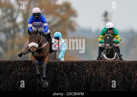 PIC D'Orhy geritten von Harry Cobden (links) in Aktion in der Ascot Racecourse unterstützt Safer Gambling Woche Novizen’ Chase auf Ascot Racecourse. Stockfoto