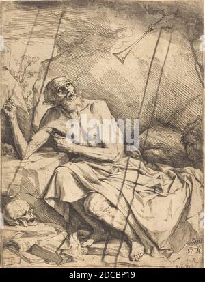 Jusepe de Ribera, (Künstler), Spanisch, 1591 - 1652, Heiliger Hieronymus, der die Trompete des Jüngsten Gerichts hört, 1621, Radierung, Trockenpunkt und Gravur, Blatt (auf Platte zugeschnitten): 32.1 × 24.5 cm (12 5/8 × 9 5/8 in Stockfoto