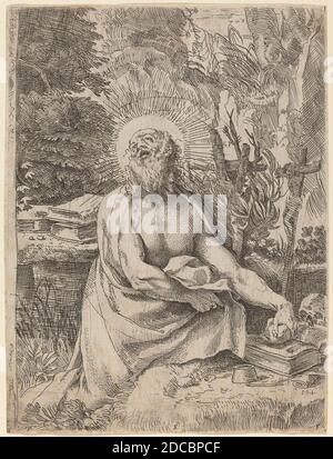 Annibale Carracci, (Künstler), Bolognese, 1560 - 1609, St. Jerome in der Wildnis, c. 1591, Radierung und Gravur Stockfoto