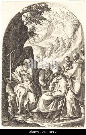 Jacques Callot, (Künstler), französisch, 1592 - 1635, St. Jerome instructing his Disciples in the Desert, Roman Pictures, (Serie), 1608/1611, Gravur Stockfoto