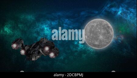 Ein Raumschiff nähert sich einem fremden Planeten in einem tiefen Raum viele Lichtjahre weit von der Erde. Abstrakte Illustration von Kosmos und Nebel. Stockfoto