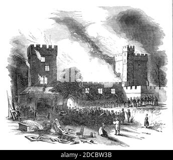 Burning of Naworth Castle - aus einer Zeichnung auf der Stelle gemacht, 1844. "Wir bedauern, die Zerstörung durch Feuer dieses vollkommenste und interessanteste der Grenzburgen aufzuzeichnen... aufgestellt in der Pfarrei Brampton, in einem Abstand von elf Meilen Nord-östlich von Carlisle... die baroniale Residenz der Lords von Gilsland und ein Sitz des Grafen von Carlisle. Die beunruhigende Intelligenz des Feuers erreichte Carlisle... und es wurde bald durch den ominösen Rauch bestätigt, der von den Hügeln jenseits Brampton stieg, inmitten dessen das Schloss wunderschön gelegen war, auf erhöhtem Boden, mit Blick auf das Tal von Irthing. Stockfoto