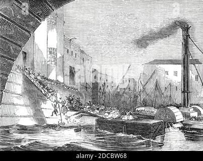Entsetzlicher Unfall an der Blackfriars Bridge, 1844. '...ein Unfall von sehr entsetzlicher Natur ereignete sich am Steamboat Pier [an der Themse in London]...eine Menge von Zuschauern, hauptsächlich aus Kindermädchen und Kindern, drängte sich zu den Stufen, die zum Fluss hinuntergehen, und füllte den schwimmenden Pier ... als die Hölzer, die den Pier aufrecht erhalten, Und die für eine beträchtliche Zeit Vergangenheit der Tätigkeit der Gezeiten und#x2019;s Ebbe und Flut ausgesetzt worden war, gab plötzlich nach, und ... nach oben von zwanzig Personen wurden in den Fluss ausgefällt. Mr. Blomfield, Chirurg, von Ratcliffe, geschah Stockfoto