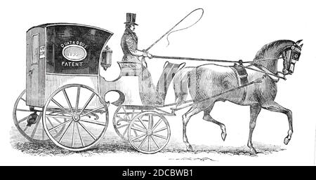 Das neue Patent "Quartobus" cab, 1844. Pferdetaxi: '...it ist die Erfindung von Mr. Okey, Vermieter des Helden von Waterloo, in der Waterloo-Straße, der auch der Baumeister und Besitzer ist. Es ist konstruiert, um vier innen zu tragen, und ist folglich, ein "Quartobus" genannt zu werden. Sein Aussehen ist sehr kompakt und elegant; Und zu einer Person, die innen sitzt, hat eine ungewöhnlich leichte und angenehme Erscheinung.die große Verbesserung besteht darin, dass die Vorder- und Hinterräder nicht mehr als einen Fuß auseinander sind, der Zug ist folglich viel einfacher als in den alten Kabinen, deren Räder Stockfoto