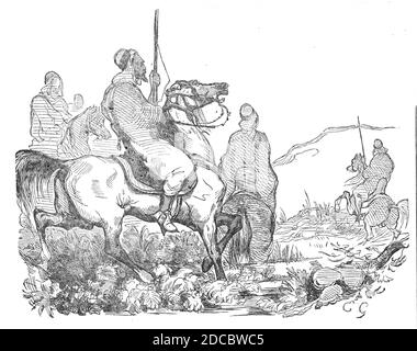 Krieg in Marokko - arabische und maurische Kavallerie, 1844. "Der Kaiser von Marokko hat keinen Anteil an seinen Herrschaften, der nicht von einer Fregatte und zwei Bombenschiffen in weniger als vier Stunden eingenommen werden könnte. Seine Armee ist eine Farce, und ihre Art der Kriegsführung ist vollkommen kindisch...die Waffe ist gefährlich nutzlos...der Kaiser konnte zu keiner Zeit 100,000 kämpfende Männer versammeln oder zusammenhalten, und diese entnahmen eine Schar solcher schlecht ernährter, schlecht bekleideter, schlecht bewaffneter Ragamuffine... von ihrer bigotten Gewohnheit, alle Europäer aus ihrem Land auszuschließen, Und aus den wenigen Erfahrungen, die sie mit der europäischen Kriegstaktik gesammelt haben, ist es Stockfoto