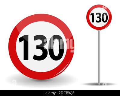 Round Red Road Sign Geschwindigkeitsbegrenzung 130 Kilometer pro Stunde. Abbildung. Stockfoto