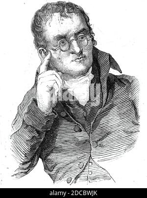 Der verstorbene Dr. Dalton, 1844. Porträt des britischen Chemikers, Physikers und Wissenschaftlers John Dalton, bekannt für seine Forschungen über Farbblindheit oder Farbsichts-Mangel, manchmal auch als Daltonismus zu seinen Ehren bezeichnet. Aus "Illustrated London News", 1844, Vol Stockfoto