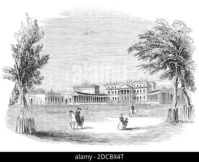 Stowe House, Parkfront, 1844. Herrschaftliches Haus in Stowe in Buckinghamshire. Die Anlage wurde von 1713 mit Plänen von Bridgeman, William Kent und Capability Brown gestaltet. Aus "Illustrated London News", 1844, Vol Stockfoto