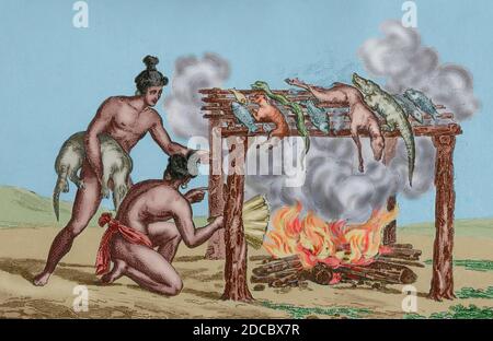 Geschichte der Vereinigten Staaten von Amerika. Französische Expedition aus dem 16. Jahrhundert. Florida. Die Timucua rösten einheimische Vögel und Meerestiere, einschließlich Alligatoren. Jacques Le Moyne de Morgues (1533-1588) machte die Illustrationen während der Expedition. Stich aus dem 19. Jahrhundert nach dem Original von Jacques Le Moyne. Panorama Universal. Geschichte der Vereinigten Staaten von Amerika, ab 1. Auflage von Jean B.G. Roux de Rochelle's Etats-Unis d'Amérique im Jahr 1837. Spanische Ausgabe, gedruckt in Barcelona, 1850. Spätere Färbung. Stockfoto