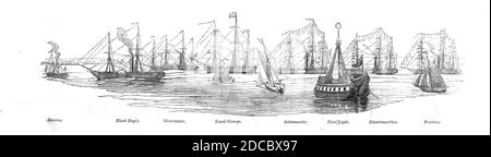 Passing the Nore Light, 1842. Royal Navy Schiffe Affe, Black Eagle, Shearwater, Royal George, Salamander, Radamanthus und Fearless vorbei an der Nore Lightship Kennzeichnung einer Sandbank an der Mündung der Themse Mündung. Aus "Illustrated London News", 1844, Vol Stockfoto