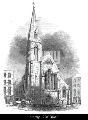 Neue Kirche, St. Giles's, 1844. Blick auf Christ Church, St. Giles in the Fields, London. "Das Design, von Mr. B. Ferrey, ist im frühen englischen Stil, mit einem großen Lancet-Kopf-Fenster über dem Haupteingang, und einem hohen Turm und Kirchturm im westlichen Ende Winkel. Das Material ist Kentish Lappen-Stein, mit Bad Steinleisten und Seitenauflagen in der langen und kurzen Mauerwerk'. Aus "Illustrated London News", 1844, Vol Stockfoto