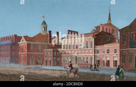 Philadelphia. Rathaus. Gravur von Traversier. Panorama Universal. Geschichte der Vereinigten Staaten von Amerika, ab 1. Auflage von Jean B.G. Roux de Rochelle's Etats-Unis d'Amérique im Jahr 1837. Spanische Ausgabe, gedruckt in Barcelona, 1850. Spätere Färbung. Stockfoto