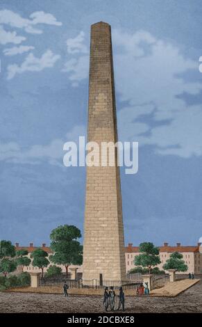 Usa, Boston. Das Denkmal am Bunker Hill. Es besteht aus einem Obelisken, der zwischen 1827 und 1843 gebaut wurde, um der Schlacht von Bunker Hill während des amerikanischen Unabhängigkeitskrieges zwischen britischen Truppen und amerikanischen Patrioten am 17. Juni 1775 zu gedenken. Gravur von Arnout. Panorama Universal. Geschichte der Vereinigten Staaten von Amerika, ab 1. Auflage von Jean B.G. Roux de Rochelle's Etats-Unis d'Amérique im Jahr 1837. Spanische Ausgabe, gedruckt in Barcelona, 1850. Spätere Färbung. Stockfoto