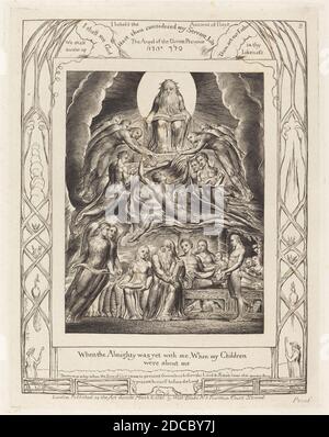 William Blake, (Künstler), Brite, 1757 - 1827, Satan vor dem Thron Gottes, Buch Hiob: Tafel 2, (Serie), 1825, Gravur auf Indiens Papier, Tafel: 21.6 x 17.2 cm (8 1/2 x 6 3/4 Zoll), Blatt: 43.2 x 33 cm (17 x 13 Zoll Stockfoto