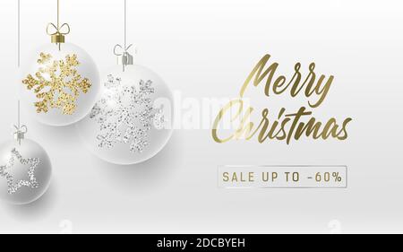 Frohe Weihnachten Grußkarte oder Promo-Poster mit weißen realistisch Weihnachtskugeln mit goldenen und silbernen Schneeflocken Ornament funkeln auf Sie Stock Vektor
