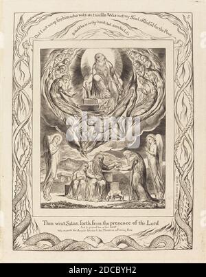 William Blake, (Künstler), britisch, 1757 - 1827, Satan geht aus der Gegenwart des Herrn, Book of Hiob: Tafel 5, (Serie), 1825, Gravur Stockfoto