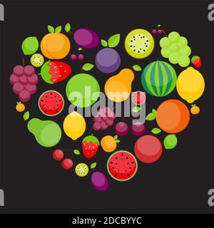 Apfel, Orange, Pflaume, Kirsche, Zitrone, Limette, Wassermelone, Erdbeeren, Kiwi, Pfirsiche, Trauben und Birne in Foarm of Heart. Love Fruits Konzept. Illustration Stockfoto