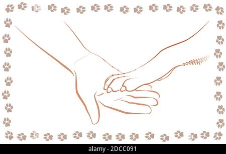 Geben Sie Pfoten auf menschliche Hand umgeben von Hunden Pfote Printrahmen, Symbol für Freundschaft, Vertrauen und Vertrauen zwischen Mensch und Hund. Stockfoto