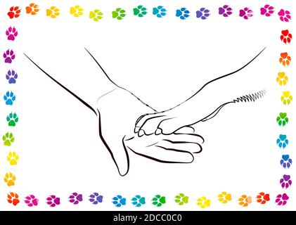 Freundschaft von Mensch und Hund, symbolisiert durch einen regenbogenfarbenen Hunde Fußabdruck Rahmen mit einem geben Pfoten Piktogramm - Illustration auf weißem Hintergrund. Stockfoto