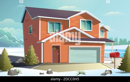Vektor-Illustration im flachen Stil des Winters Land Seitenstraße im Schnee mit roten Weihnachtshaus mit Garage. Stock Vektor