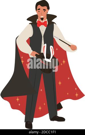 Magier Durchführung Zaubershow mit Kaninchen in einem Hut. Symbol auf weißem Hintergrund isoliert. Vektorgrafik. Illusionist in Zauberer Kostüm Stock Vektor