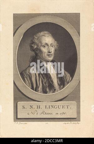 Augustin de Saint-Aubin, (Künstler), französisch, 1736 - 1807, Jean-Baptiste Greuze, (Künstler nach), französisch, 1725 - 1805, Simon-Nicolas-Henri Linguet, 1780, Gravur über Radierung auf Büttenpapier, Blatt (auf Plattenmarke zugeschnitten): 22 x 15 cm (8 11/16 x 5 7/8 Zoll Stockfoto