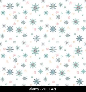Schneeflocken Muster auf weißem Hintergrund Blau und Pfirsich Farbe Stock Vektor