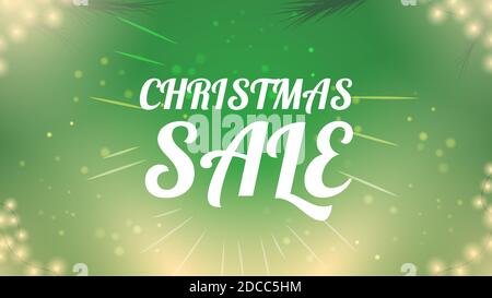 Weihnachts-Verkaufsplakat. Leuchtende Girlanden, schöner Hintergrund mit Partikeln. Baumzweige. Frohe Weihnachten und Frohes neues Jahr. Vektorgrafik Stock Vektor