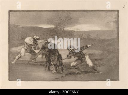 Francisco de Goya, (Künstler), Spanisch, 1746 - 1828, Otro modo de cazar A Pie (Another Way of Hunting on Foot), Tauromaquia: pl.2, (Serie), in oder vor 1816, Radierung, brüniertes Aquatinta, Trockenpunkt und Burin Stockfoto