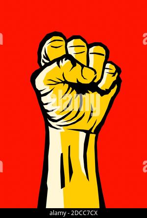 Gezogene geballte Faust - Symbol der Revolution und des Aufstands gegen Unterdrückung und Ungerechtigkeit. Gelbe Vektor-Illustration im Comic-Stil auf rotem Hintergrund Stockfoto