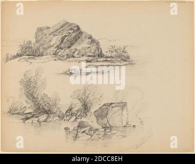 John William Casilear, (Künstler), Amerikaner, 1811 - 1893, Rocks Along a Lakeshore, Graphit, Blatt: 27.9 × 35.5 cm (11 × 14 Zoll Stockfoto