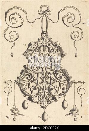 Daniel Mignot, (Künstler), deutsch, aktiv 1593/1596, Strapwork Anhänger mit zwei Vögeln als Ohrringe links und rechts, Strapwork Anhänger, (Serie), Gravur Stockfoto