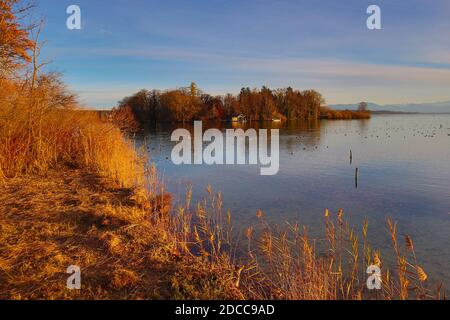 Bezirk Starnberg, Deutschland. November 2020. Kreis Starnberg, Deutschland 17. November 2020: Impressionen Starnberger See - 2020 Feldafing, Roseninsel, Kreis Starnberg, Herbst, Sonnenuntergang, Sonnenuntergang, Koloration, Starnberger See Quelle: dpa/Alamy Live News Stockfoto