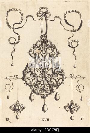 Daniel Mignot, (Künstler), deutsch, aktiv 1593/1596, Strapwork Anhänger mit zwei quadratischen Tablestonesas Ohrringe links und rechts, Strapwork Anhänger, (Serie), Gravur Stockfoto
