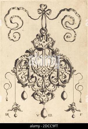 Daniel Mignot, (Künstler), deutsch, aktiv 1593/1596, Strapwork-Anhänger mit zwei Adler als Ohrringsat links und rechts, Strapwork-Anhänger, (Serie), Gravur Stockfoto