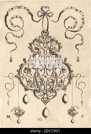 Daniel Mignot, (Künstler), deutsch, aktiv 1593/1596, Strapwork Anhänger mit zwei Schwäne als Ohrringe links und rechts, Strapwork Anhänger, (Serie), Gravur Stockfoto