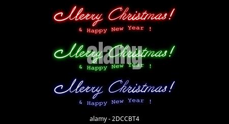 Frohe Weihnachten und ein glückliches neues Jahr, Neon-Schriftzug in verschiedenen Farben handgezeichnete Kalligraphie isoliert auf schwarzem Hintergrund. Design für Grußkarte, Stock Vektor