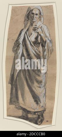 Italienisch 18. Jahrhundert, (Künstler), Studie einer stehenden Frau, Pinsel und schwarze Tinte mit weißer Aufhellung auf braunem gewaschenen Papier, insgesamt (ca.): 28.1 x 12.1 cm (11 1/16 x 4 3/4 Zoll Stockfoto