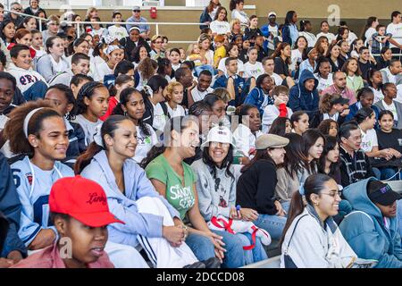 Miami Florida, Papagei Jungle Island Öko-Abenteuerpark, Schule Exkursion Studenten Teenager Teenager Jugendliche, hispanische schwarz afrikanische Mädchen Jungen Publikum beobachten Stockfoto