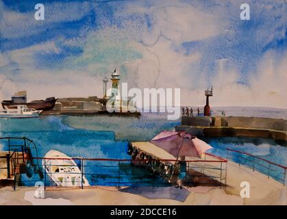 Schiffe und Leuchtturm in die Bucht Stockfoto