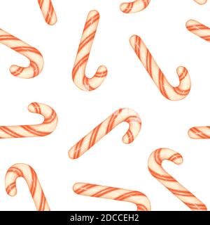 Rot-weiß gestreifte Zuckerstöcke auf weißem Hintergrund. Weihnachtliche Nahtloses Muster mit Zuckerstöcken Stockfoto