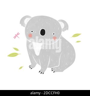 Lustige Koala auf weißem Hintergrund. Handgezeichnete Cartoon-Figur Stockfoto