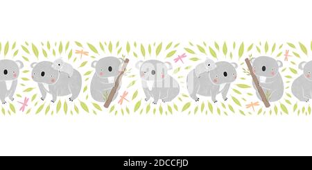 Nahtlose Grenze mit lustigen Koalas. Niedliche Koalas, Libellen und Blätter auf weißem Hintergrund Stockfoto