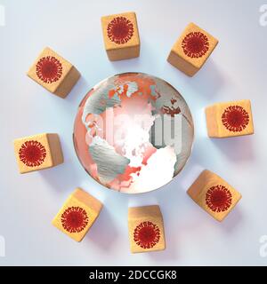 Abstrakte Illustration von Holzdices mit roten Coronavirus-Symbolen, die eine glänzende Erde im Glas angreifen, COVID-19 Pandemie Stockfoto