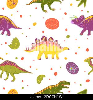Nahtloses Muster mit Tyrannosaurus, Triceratops, parasaurolophus und Stegosaurus. Bunte Vektor Dinosaurier und Dinosaurier Eier Stock Vektor
