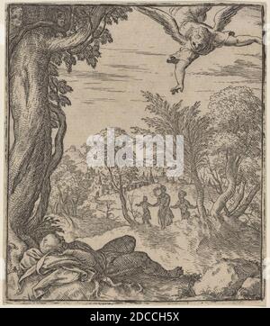 Giovanni Battista Fontana, (Künstler), Veronese, c. 1524 - 1587, der Engel erscheint Joseph, Radierung auf Büttenpapier, Blatt (auf Plattenmarke zugeschnitten): 10.2 x 8.9 cm (4 x 3 1/2 Zoll Stockfoto